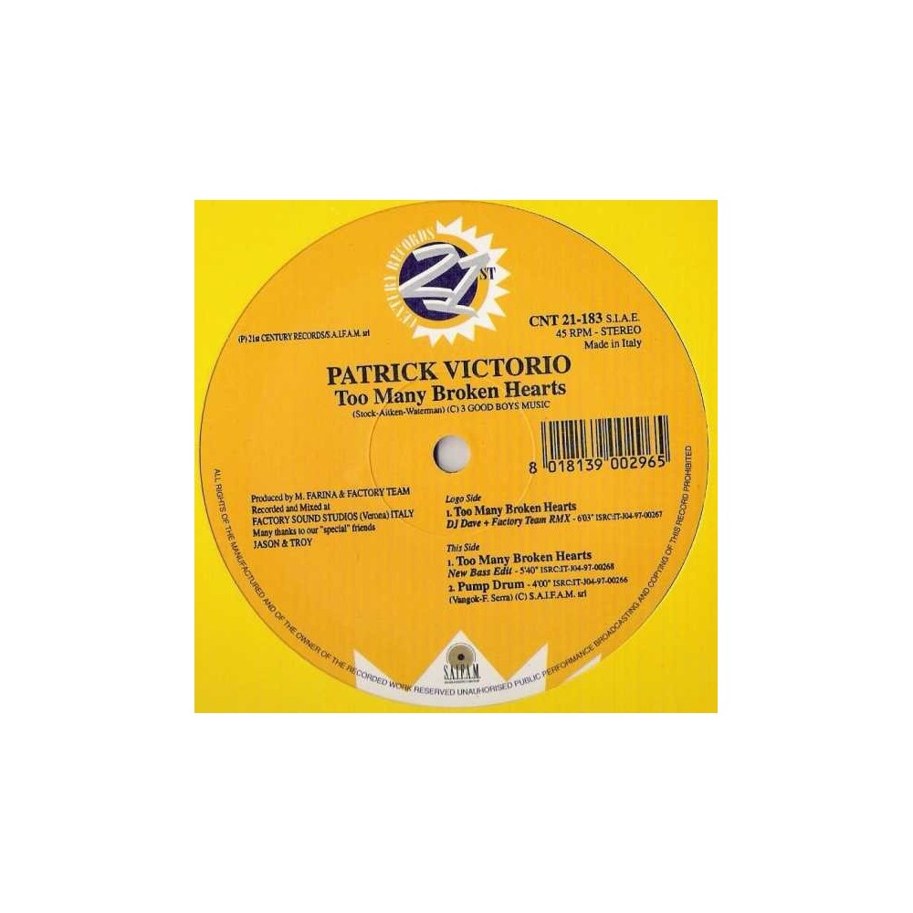 Patrick Victorio ‎– Too Many Broken Hearts 